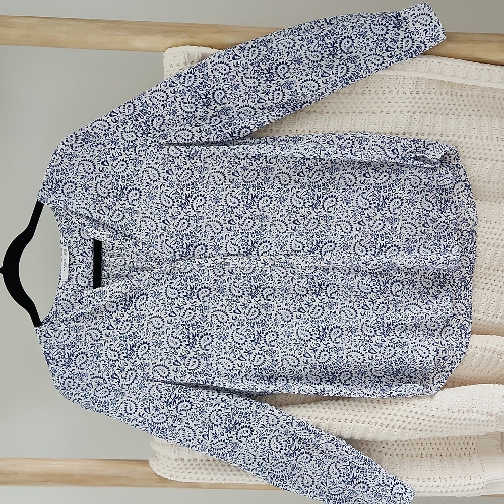 Mango Suit Long Sleeve Blue White Floral Blouse XS